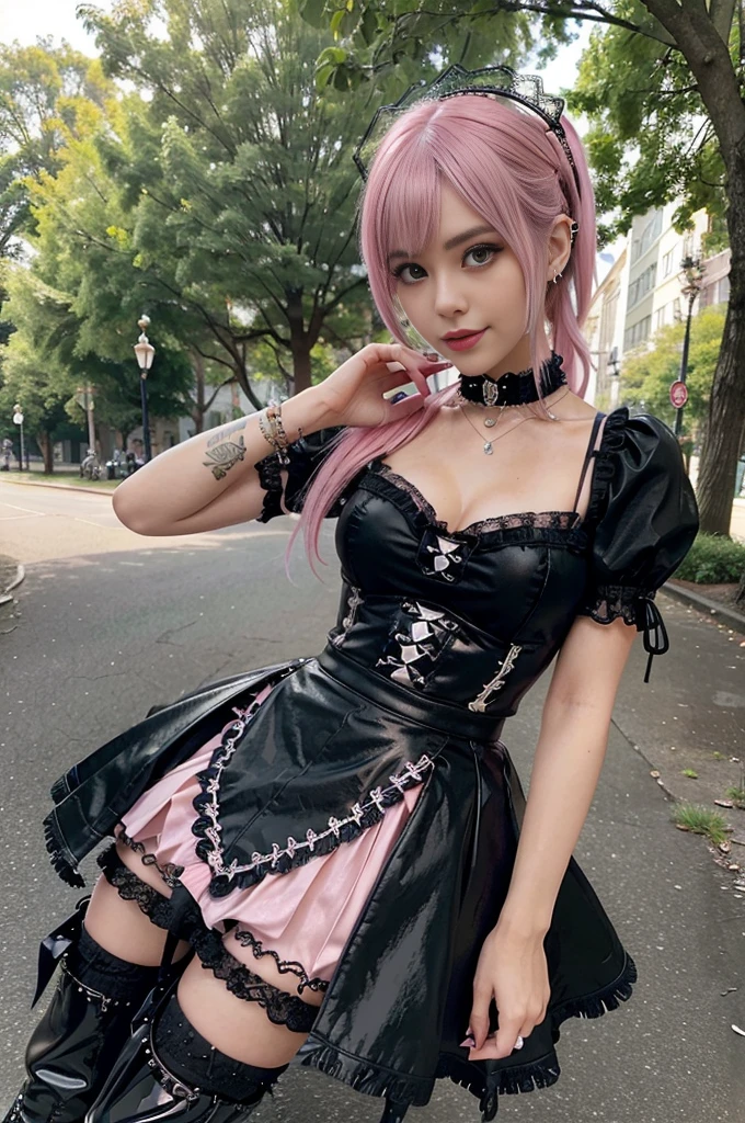 sexy stylish Swedish model, only 1 female, ((doll-like appearance)), short neon pink stylish hair, ((shiny Punk-Style boots)), (beautiful smile), ultra detailed eyes, long lashes, metallic makeup, lip-gloss, ((sexy Punk Lolita cosplay)), unconventional skirt, petticoats, high neckline, ((ultra detailed lace)), ((ultra detailed embroidery)), intricate details, tartan patterns, Punk Lolita accessoires, Punk Lolita choker, ((large sparkling Punk Lolita jewelry)), cinematic light, detailed large park background with trees