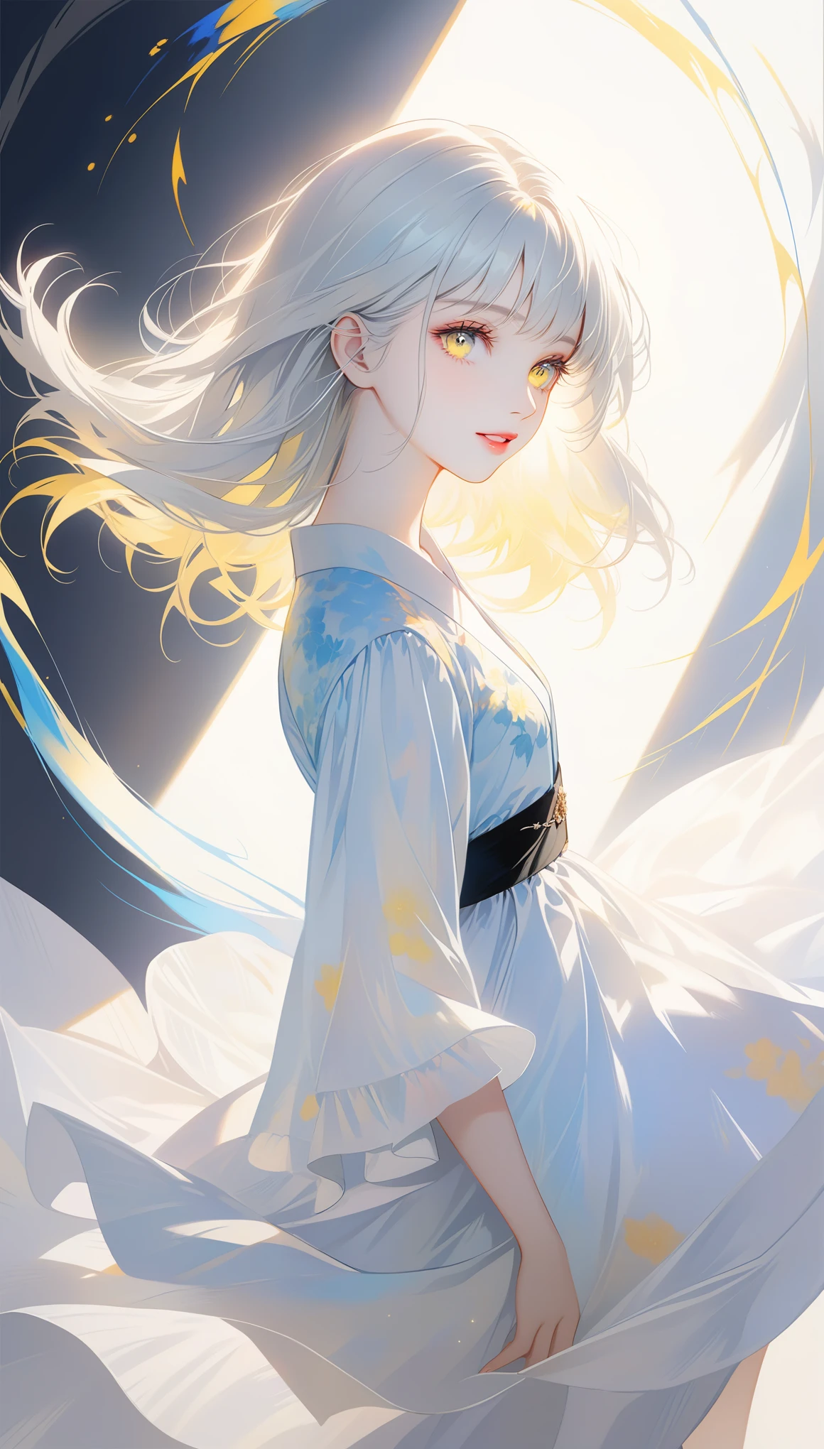 dark,caustics,colorful,gorgeous light and shadow,full body,
The girl's pale skin,her lips are slightly open to reveal her teeth,and her (blue and yellow eyes) eyes are blur and dreamy. mottled light and shadow,portrait,white hair,side face,