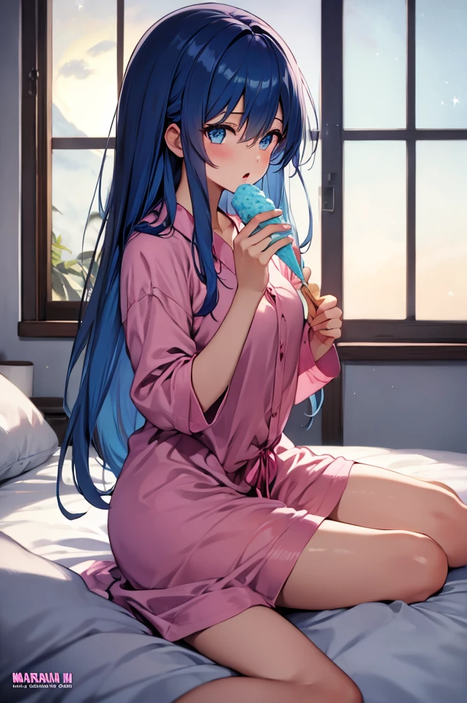 (masterpiece:1.3), (best quality:1.1), (8k, ultra detailed, ultra high res:1.2), (anime style:1.2), perfect 5 fingers, perfect anatomy, 
1girl,
BREAK long hair, blue hair, blue eyes, 
[medium breasts], 
BREAK Satin Nightgown, pink pajamas, 
open mouth, eating, soft serve ice cream, 
upper body, 
indoors, inside, on a bed, wariza, midnight, moon, sky, window,  