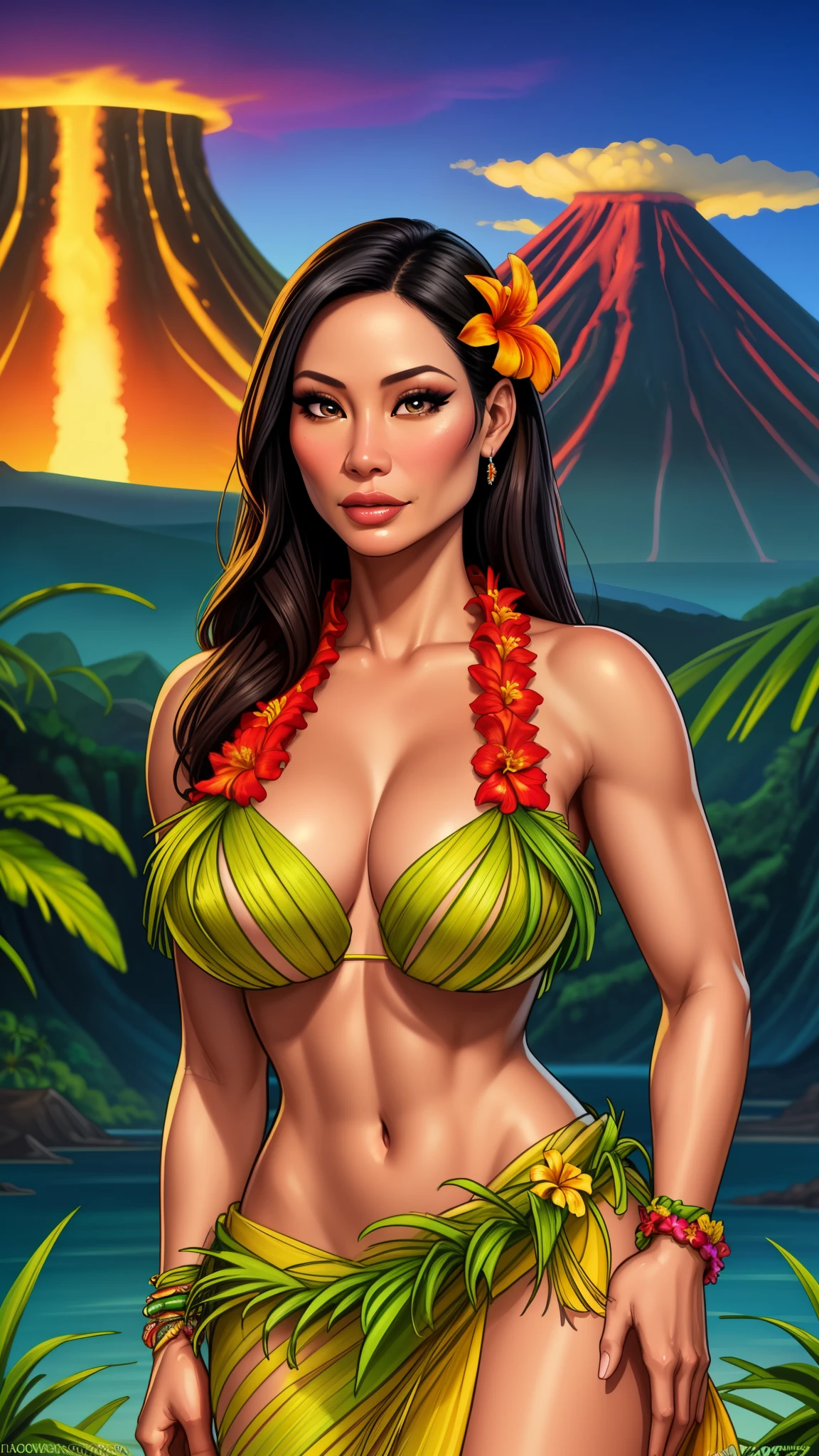a beautiful woman, Lucy Liu, wearing a grass skirt and flower lei, standing in front of a tropical volcano landscape, detailed facial features, beautiful eyes and lips, long eyelashes, photorealistic, vibrant colors, cinematic lighting, masterpiece, 8k, ultra-detailed