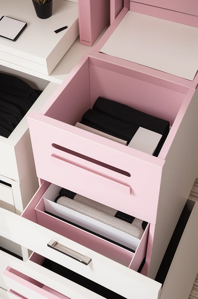 Make a logo or logo that involves drawers/paper boxes with accessories with "Paper Drawer", Simple and beautiful, with pink colors, Unripe, white and black