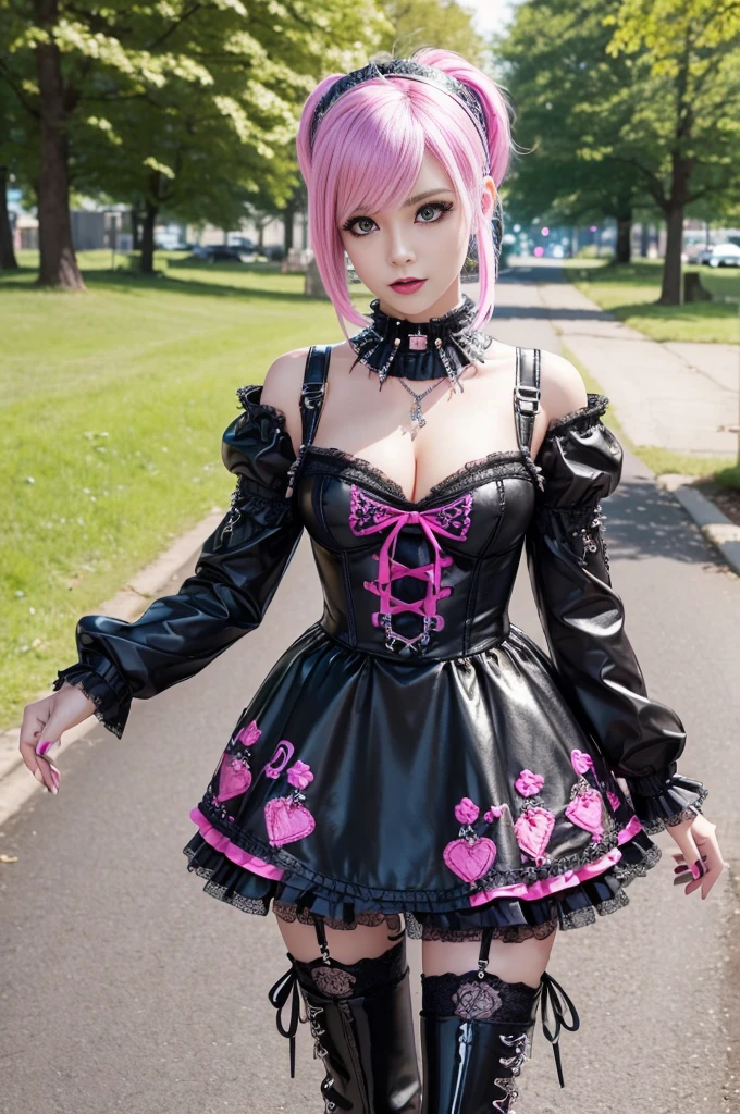 sexy stylish Swedish model, only 1 female, ((doll-like appearance)), short neon pink stylish hair, ((shiny Punk-Style boots)), (beautiful smile), ultra detailed eyes, long lashes, metallic makeup, lip-gloss, ((sexy Punk ta cosplay)), unconventional skirt, petticoats, high neckline, ((ultra detailed lace)), ((ultra detailed embroidery)), intricate details, tartan patterns, Punk Loliccessoires, Punk Lolita cr, ((large sparkling Punk Lolita jewel, cinematic light, detailed large park background with trees