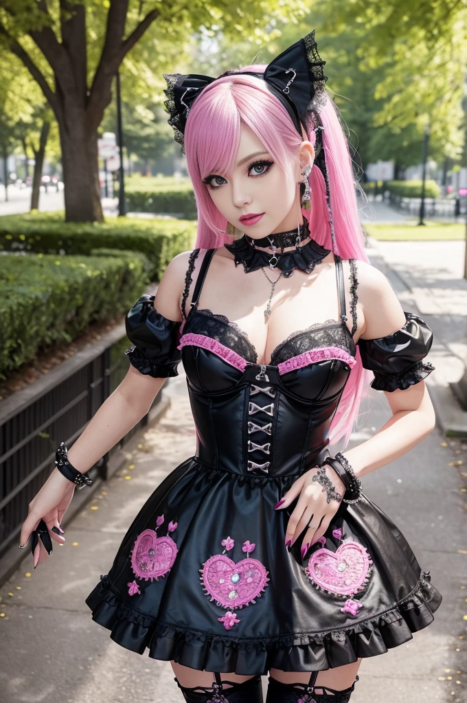 sexy stylish Swedish model, only 1 female, ((doll-like appearance)), short neon pink stylish hair, ((shiny Punk-Style boots)), (beautiful smile), ultra detailed eyes, long lashes, metallic makeup, lip-gloss, ((sexy Punk ta cosplay)), unconventional skirt, petticoats, high neckline, ((ultra detailed lace)), ((ultra detailed embroidery)), intricate details, tartan patterns, Punk Loliccessoires, Punk Lolita cr, ((large sparkling Punk Lolita jewel, cinematic light, detailed large park background with trees