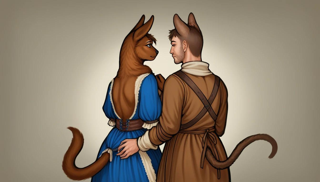 score_9, 2others, couple, sidebyside, side by side, side_by_side, backtoback,back to back, back_to_back,
((tabaxi:1.2), anthro, female, (standing, portrait, focus, side_view), ((brown fur, ears, tail)), (wearing medieval clothes), beautiful,
((human:1.2), male, (standing, portrait, focus, side_view), ((brown fur, ears, tail)), (wearing medieval clothes), beautiful