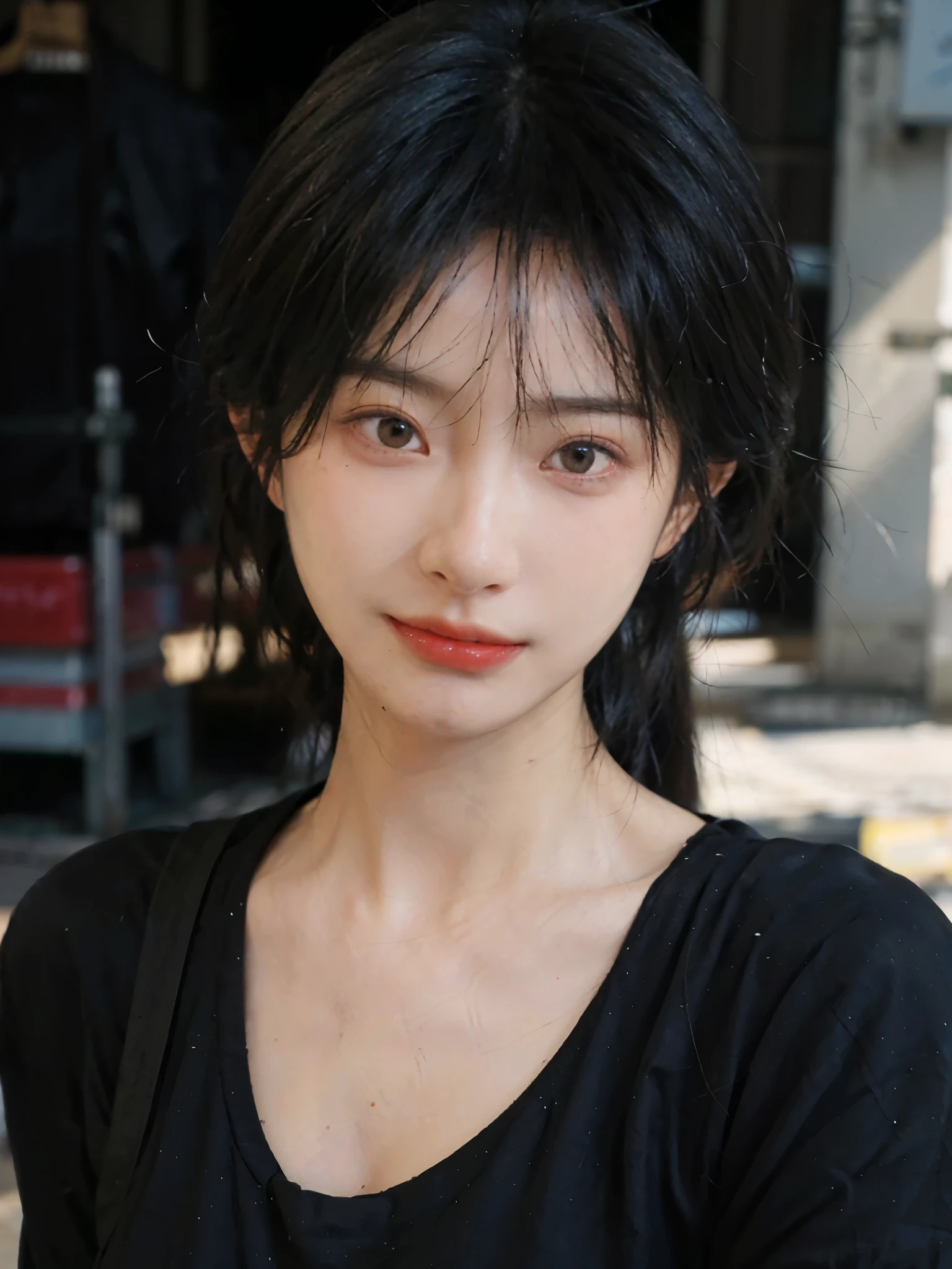 (Skin details:1.4), (smooth skin textures:1.3), （Upper body：1.4），（Upper Body：1.3)，(Black clothes:1.4)，Lipstick, background, earrings, serene, calm, (Realistic and detailed eyes：1.2）, Natural skin texture, Realistic facial details, Soft dramatic lighting, Vivid details, 35 mm film, outdoor, (Photo Practical:1.4), (hyper Practical:1.4), (Practical:1.3), (Smoother lighting:1.05), (Improve lighting quality:0.9), (Highest quality real skin textures:1.4), Exquisite eyes, Delicate face, Close-up of face, (Enhance the beauty of skin texture:1.1),0Normal body proportions, short hair, Moles under the eyes, A faint smile,Portrait Photography, Depth of Field, Bokeh, Surrealism, Ray Tracing, (Portrait Photography:1.1), Surrealism, High Detail, Chiaroscuro, Ray Tracing, reflected light, Ultra HD, Ultra HD, masterpiece, Textured Skin, Super Detail, High Detail, high quality, best quality