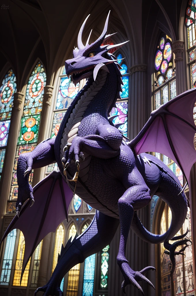 a close up of a dragon sitting in a stained glass window, a majestic gothic dragon, very cute purple dragon, dragon art, by Mario Dubsky, stained glass art, amethyst stained glass, dragon in the background, detailed art in color, by Robert Richenburg, by Adrienn Henczné Deák, a majestic gothic indian dragon, dragon centered
