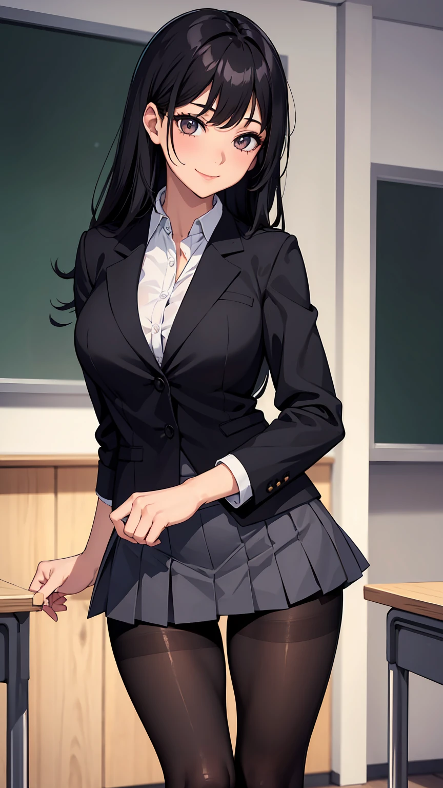 One Girl, Five Fingers, mini skirt, Looking down at the viewer, Black Hairロングヘアー, Highest quality, Focus on the thighs, Dynamic pose, smile, blazer, blouse, Black Pantyhose, panties under pantyhose, Standing Split, classroom, Black Hair, Stylish pose,My thighs are steaming between the legs、I-shape balance