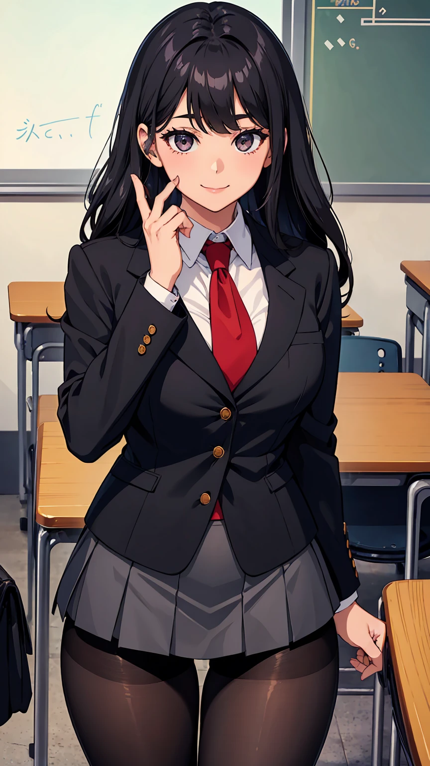One Girl, Five Fingers, mini skirt, Looking down at the viewer, Black Hairロングヘアー, Highest quality, Focus on the thighs, Dynamic pose, smile, blazer, blouse, Black Pantyhose, panties under pantyhose, Standing Split, classroom, Black Hair, Stylish pose,My thighs are steaming between the legs、I-shape balance