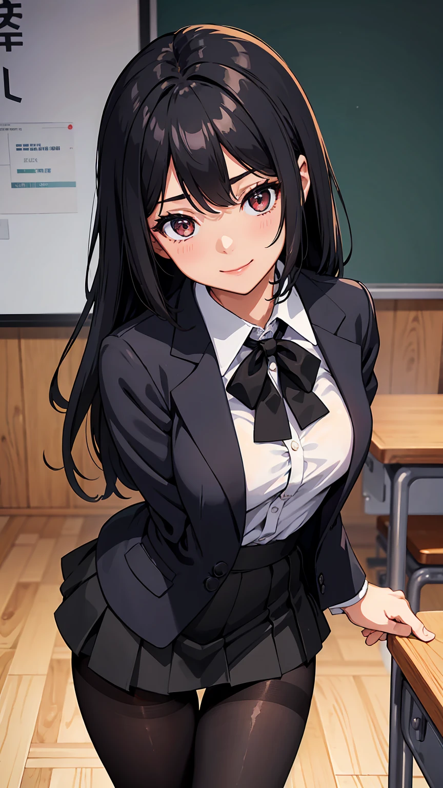 One Girl, Five Fingers, mini skirt, Looking down at the viewer, Black Hairロングヘアー, Highest quality, Focus on the thighs, Dynamic pose, smile, blazer, blouse, Black Pantyhose, panties under pantyhose, Standing Split, classroom, Black Hair, Stylish pose,My thighs are steaming between the legs、I-shape balance