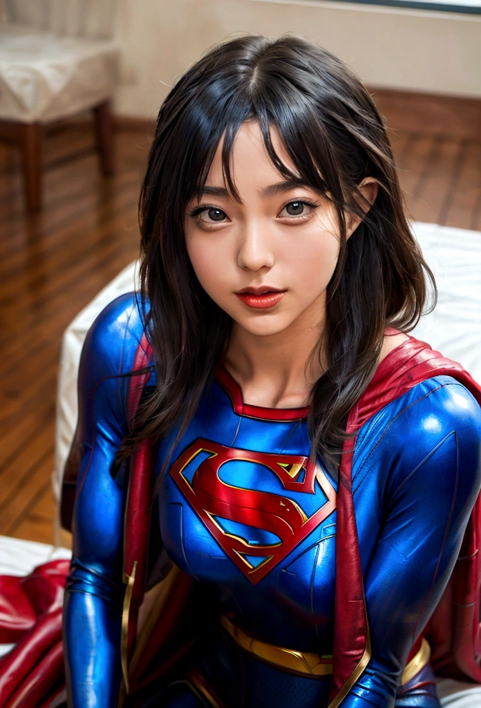 araffe woman in a superman costume sitting on a bed with a dog, full-cosplay, professional cosplay, supergirl, artgerm moody photography, super model, aly fell and artgerm, superman, with cape, wearing hero costume, alena aenami and artgerm, cosplay photo, captured on canon eos r 6 