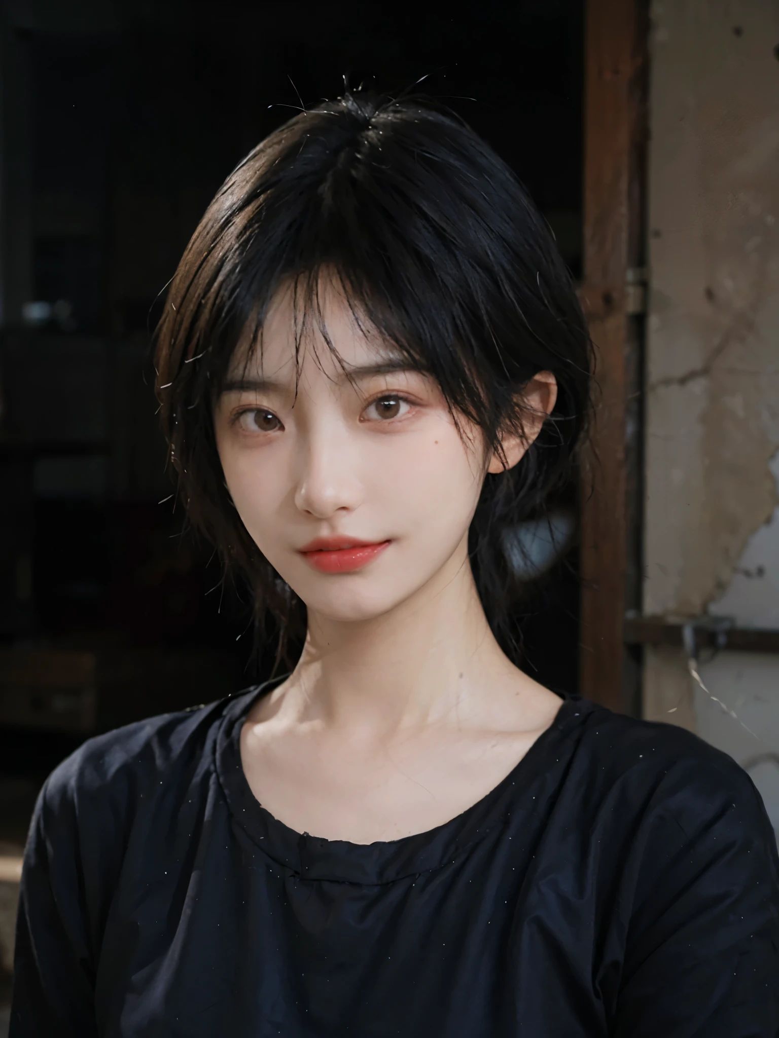 (Skin details:1.4), (smooth skin textures:1.3), (Upper body:1.4),(Upper Body:1.3),(Black clothes:1.4),Lipstick, background, earrings, serene, calm, (Realistic and detailed eyes:1.2), Natural skin texture, Realistic facial details, Soft dramatic lighting, Vivid details, 35 mm film, outdoor, (Photo Practical:1.4), (hyper Practical:1.4), (Practical:1.3), (Smoother lighting:1.05), (Improve lighting quality:0.9), (Highest quality real skin textures:1.4), Exquisite eyes, Delicate face, Close-up of face, (Enhance the beauty of skin texture:1.1),0Normal body proportions, short hair, Moles under the eyes, A faint smile,Portrait Photography, Depth of Field, Bokeh, Surrealism, Ray Tracing, (Portrait Photography:1.1), Surrealism, High Detail, Chiaroscuro, Ray Tracing, reflected light, Ultra HD, Ultra HD, masterpiece, Textured Skin, Super Detail, High Detail, high quality, best quality