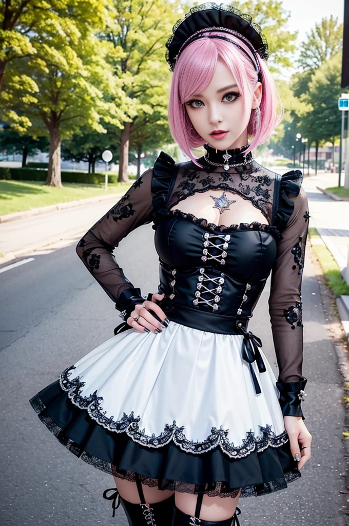 sexy stylish Swedish model, only 1 female, ((doll-like appearance)), short neon pink stylish hair, ((shiny Punk-Style boots)), (beautiful smile), ultra detailed eyes, long lashes, metallic makeup, lip-gloss, ((sexy Punk Lolita cosplay)), unconventional skirt, petticoats, high neckline, ((ultra detailed lace)), ((ultra detailed embroidery)), intricate details, tartan patterns, Punk Lolita accessoires, Punk Lolita choker, ((large sparkling Punk Lolita jewelry)), cinematic light, detailed large park background with trees