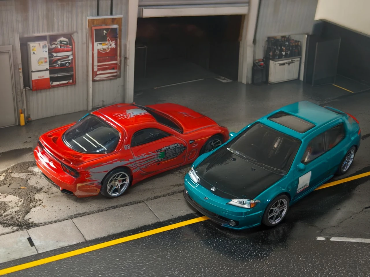 Car Garage, asphalt floor, morning time, dirty floor, low light, unreal engine Quality picture