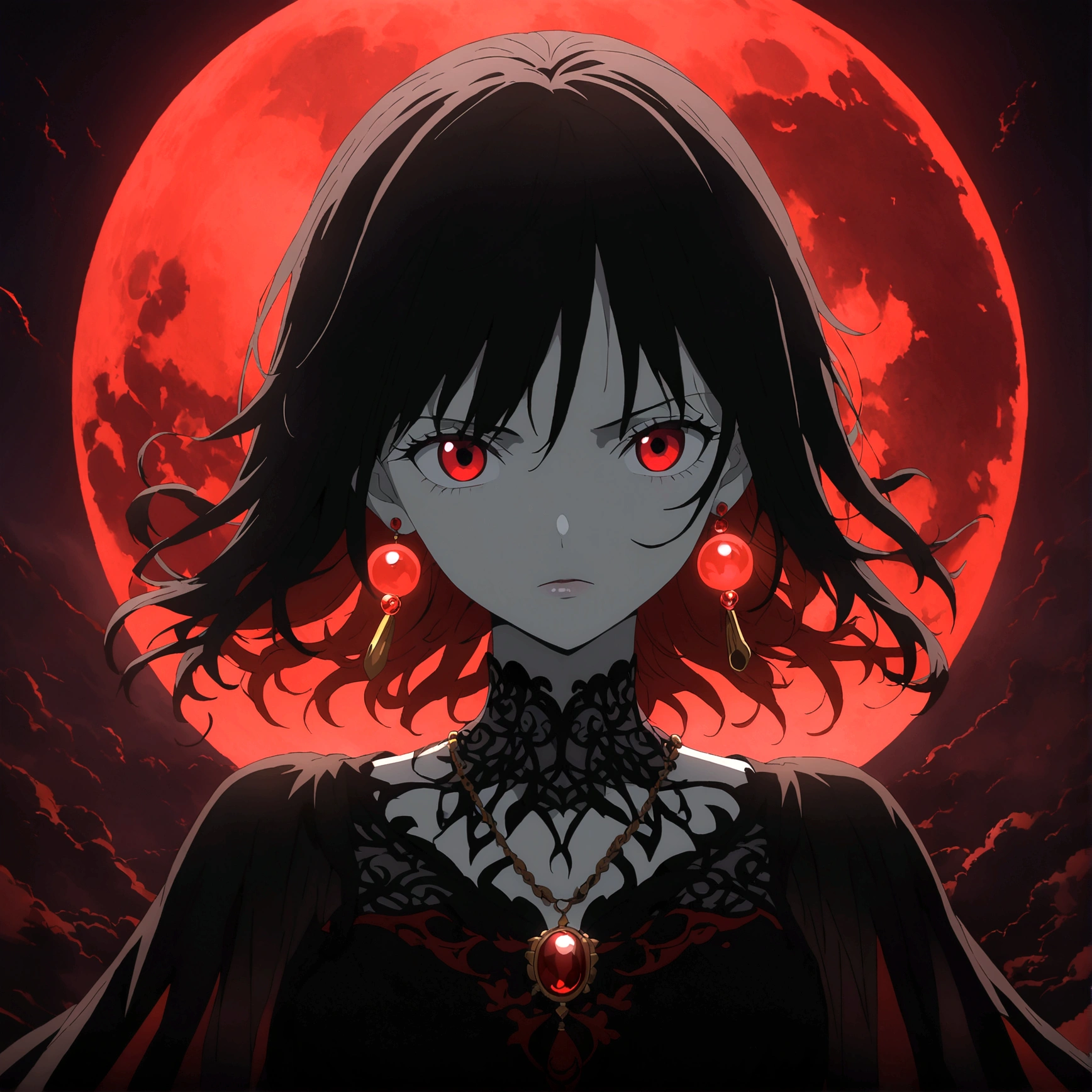 Woman, pale skin, blood red eyes, long black hair with red gradient, elegant black dress with red accents, red moon earrings, ruby necklace, serene expression and menacing gaze, blood red full moon backdrop, "One Piece-inspired anime features, drenched in dramatic and incredible lighting, dramatic lighting, infused with creative details, ultra-fine 2D design, backdrop bathed in creativity, bathed in creativity, boasting HD anime resolution clarity, HD anime graphics, high-octane rendering"
