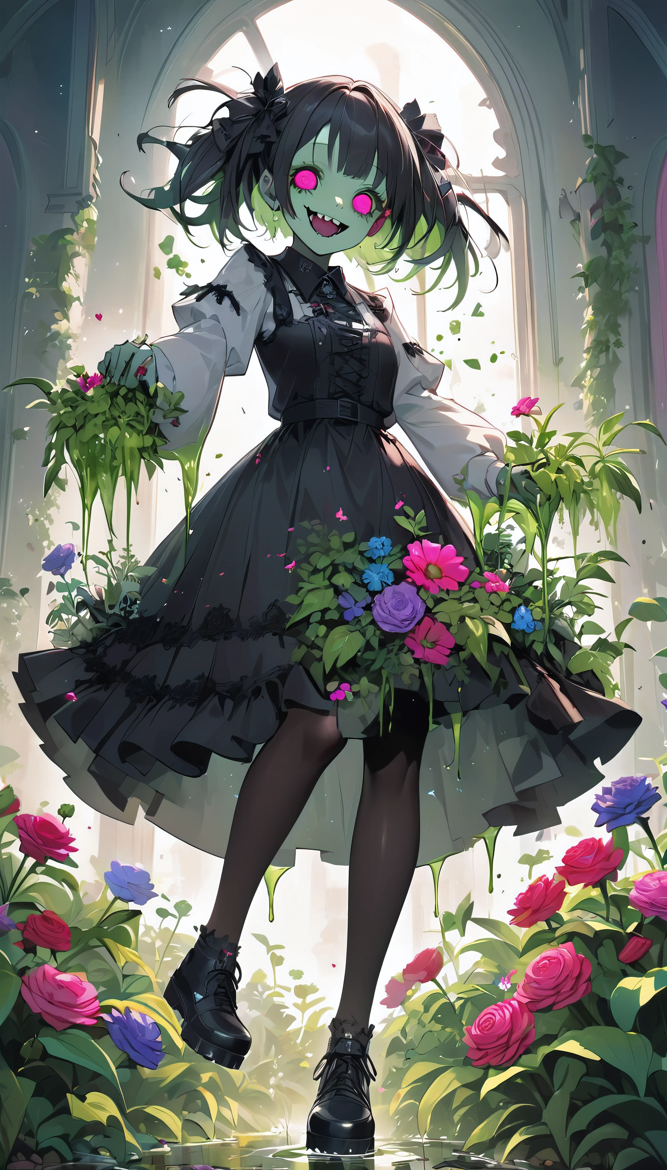A zombie girl crushes beautiful flowers with her feet, Very cute zombie, Plants splattering like liquid at your feet, A dynamic movement of kicking plants, Cute heart eyes, BREAK Crushing the flowers with a crazy smile, An aesthetic fusion of gothic horror and transparent science, BREAK: Crush the plants completely, Attacking plants without hatred, The pleasure of crushing plants with your feet, 