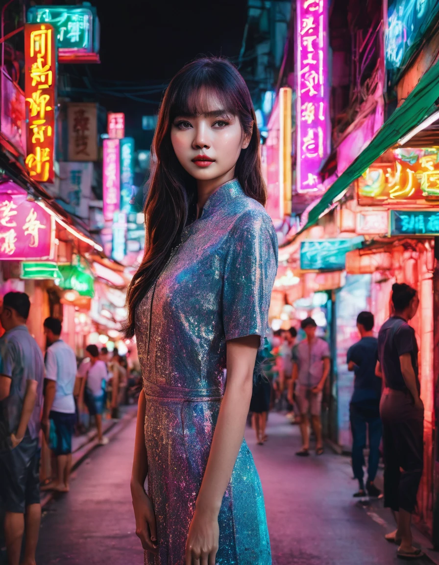 a beautiful young woman, lisa, standing in the middle of yaowarach street in bangkok's china town, surrounded by neon lights and contrast, spotlight on her only, no other people, intricate details, hyper realistic, photo-realistic, masterpiece, 8k, high quality, beautiful vivid colors, dramatic cinematic lighting, stunning composition, captivating atmosphere