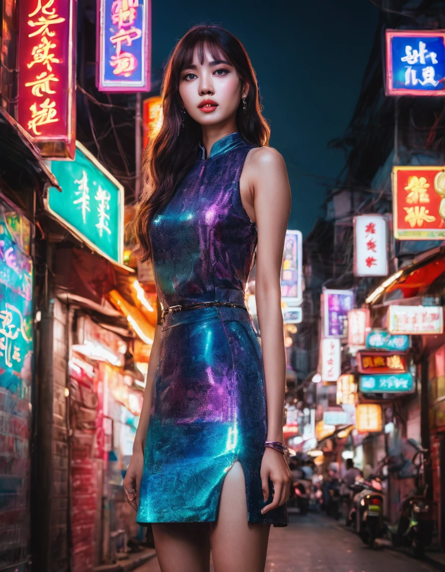 a beautiful young woman, lisa, standing in the middle of yaowarach street in bangkok's china town, surrounded by neon lights and contrast, spotlight on her only, no other people, intricate details, hyper realistic, photo-realistic, masterpiece, 8k, high quality, beautiful vivid colors, dramatic cinematic lighting, stunning composition, captivating atmosphere