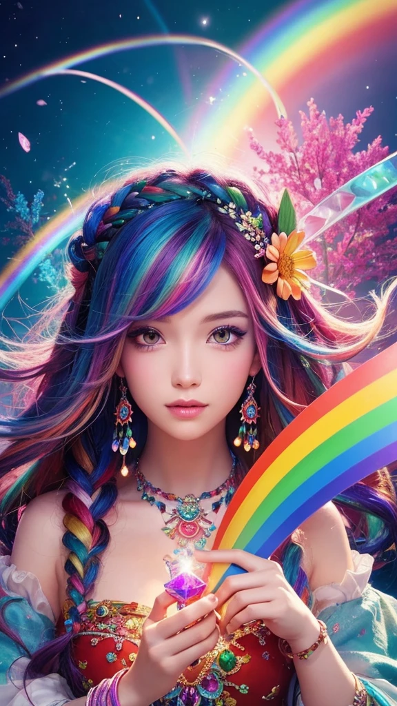 The image you provided appears to be a digital artwork featuring a character with vibrant, multi-colored hair holding a crystal. The background is filled with colorful elements like rainbows and flowers, creating a whimsical and fantastical atmosphere.
Waiting to start 
