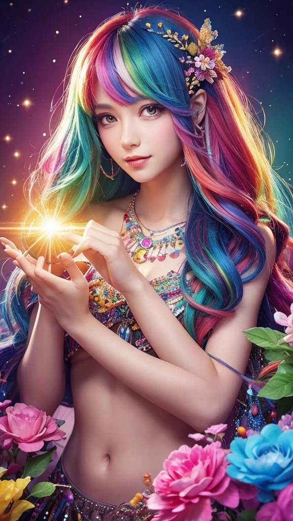 The image you provided appears to be a digital artwork featuring a character with vibrant, multi-colored hair holding a crystal. The background is filled with colorful elements like rainbows and flowers, creating a whimsical and fantastical atmosphere.
Waiting to start 
