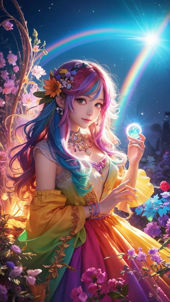 The image you provided appears to be a digital artwork featuring a character with vibrant, multi-colored hair holding a crystal. The background is filled with colorful elements like rainbows and flowers, creating a whimsical and fantastical atmosphere.
Waiting to start 
