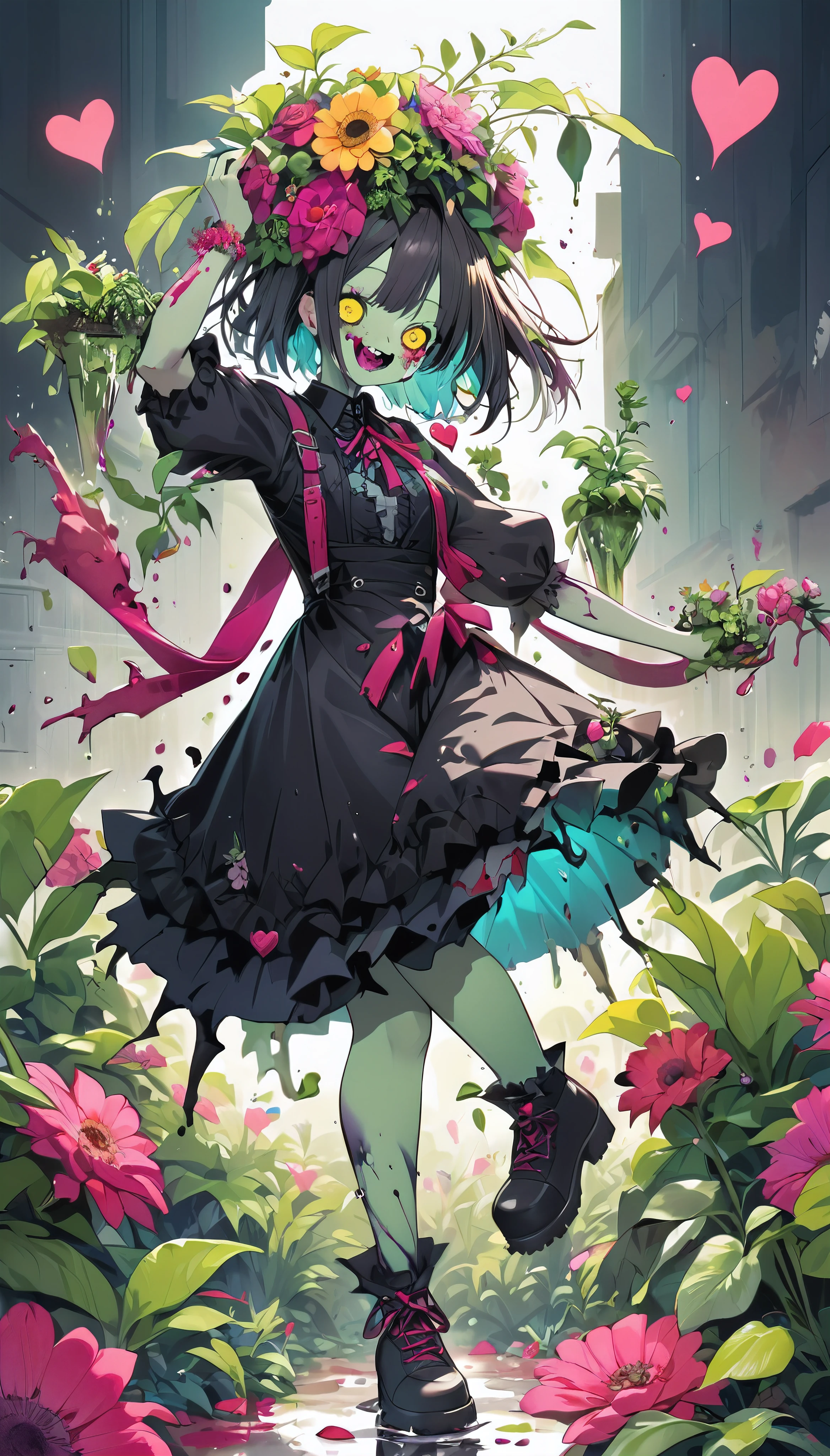 A zombie girl crushes beautiful flowers with her feet, Very cute zombie, Plants splattering like liquid at your feet, A dynamic movement of kicking plants, Cute heart eyes, BREAK Crushing the flowers with a crazy smile, An aesthetic fusion of gothic horror and transparent science, BREAK: Crush the plants completely, Attacking plants without hatred, The pleasure of crushing plants with your feet,