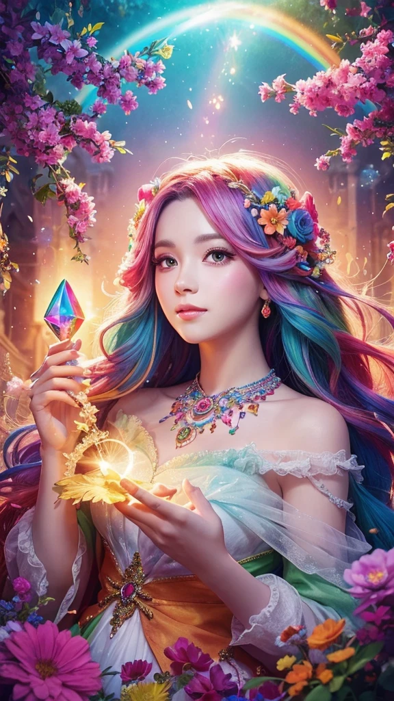 The image you provided appears to be a digital artwork featuring a character with vibrant, multi-colored hair holding a crystal. The background is filled with colorful elements like rainbows and flowers, creating a whimsical and fantastical atmosphere.
Waiting to start
