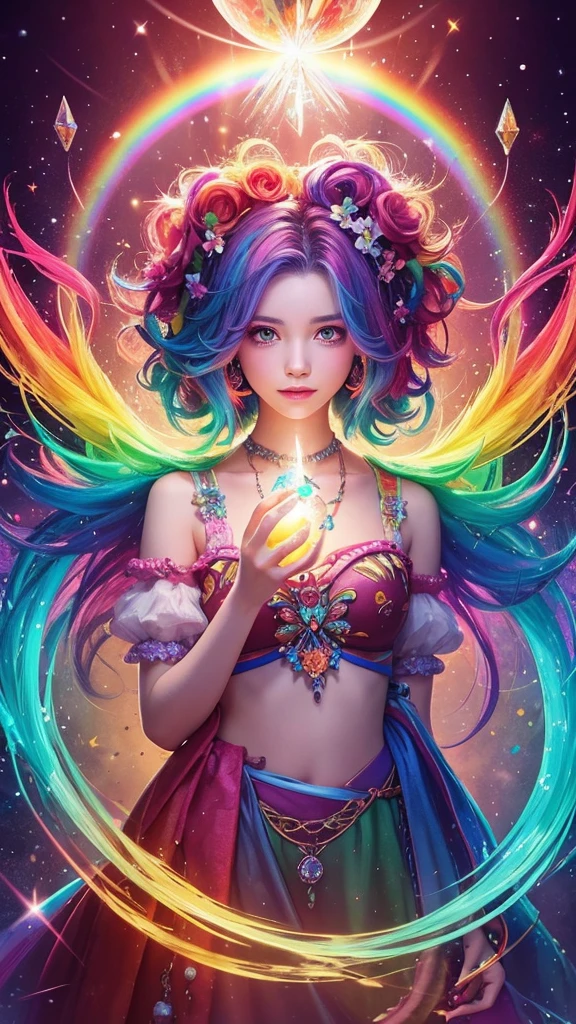 uma mulher com cabelo azul e um vestido colorido segurando uma espada, arte de fantasia digital colorida, Artgerm Julie Bell Beeple, estilo de arte de fantasia, bela arte de fantasia, arte de fantasia digital ), amazing fantasy art, artgerm colorido!!!, goddess of galaxies, arte de fantasia muito bonita, arte estilo fantasia, estilo de fantasia vibrante, arte digital fantasia arte