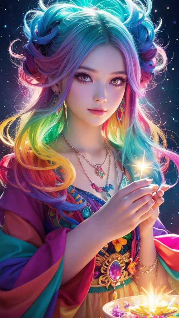 The image you provided appears to be a digital artwork featuring a character with vibrant, multi-colored hair holding a crystal. The background is filled with colorful elements like rainbows and flowers, creating a whimsical and fantastical atmosphere.
Waiting to start