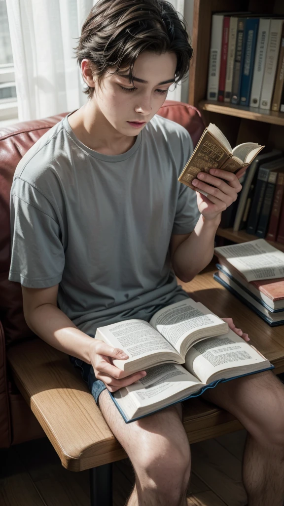 A young man reading a book titled "The Holy Bible"
