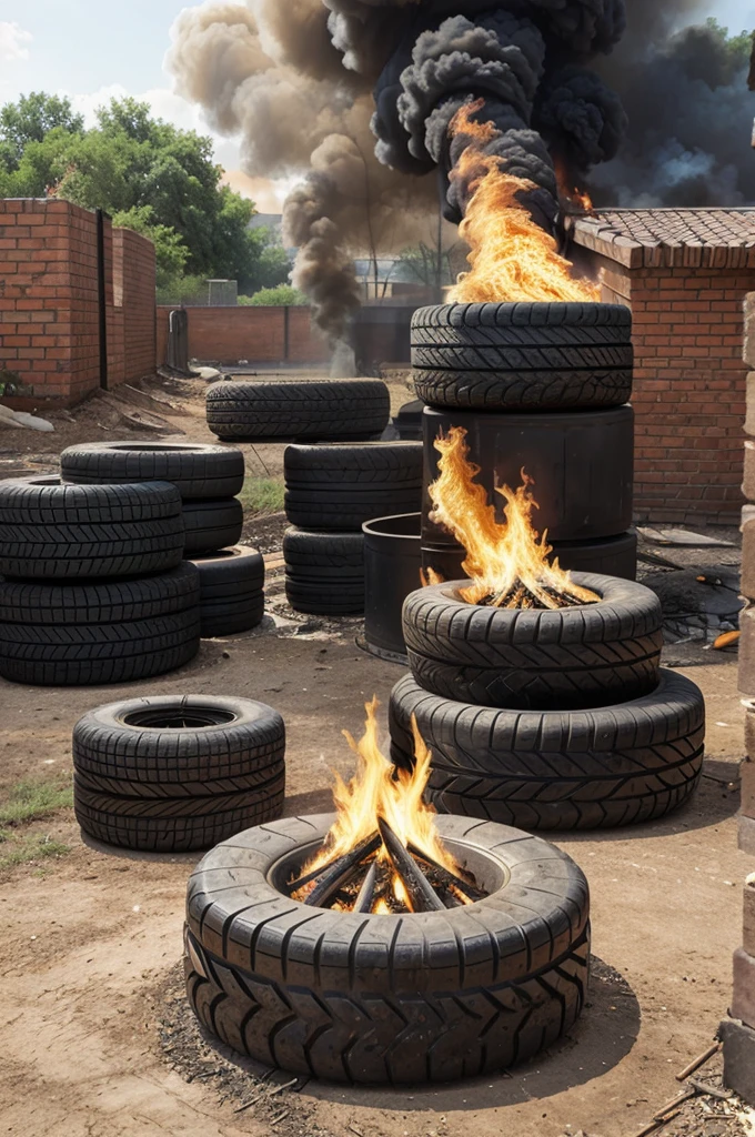 Divide your artwork into two main sections: the problem (burning tires) and the solution (using TDA).
You can have the left side showing piles of burning tires and the right side showing the transformation of these tires into bricks and their use in construction.