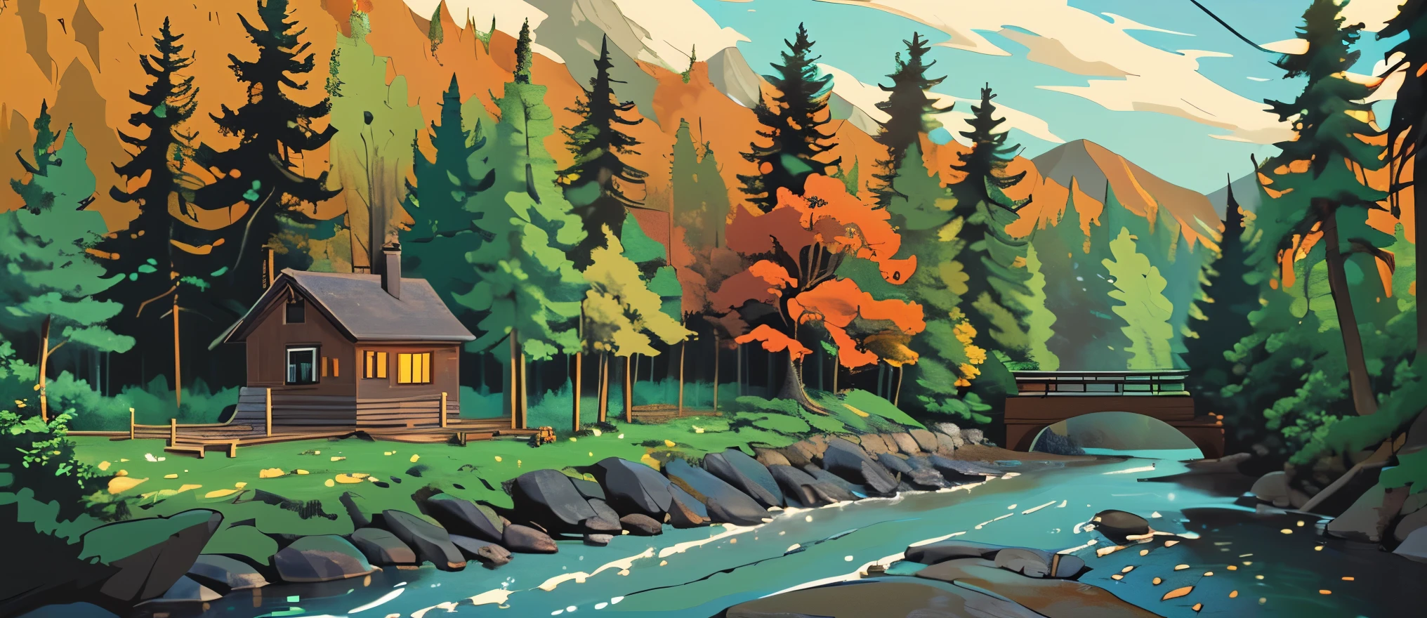 small wooden house, cozy, surrounded by forest, flowing stream, warm coloring
