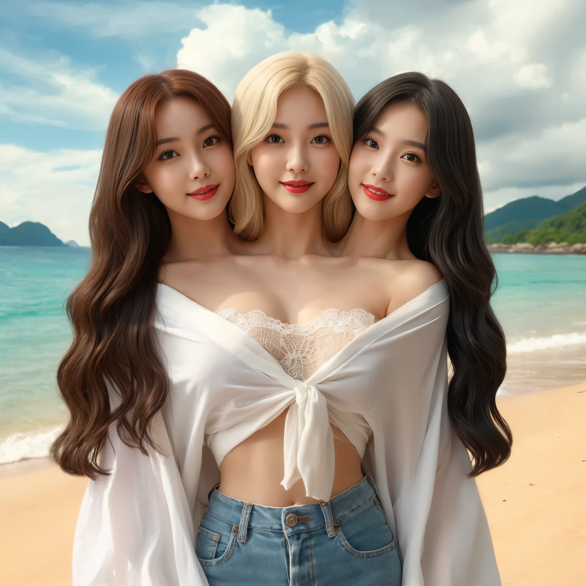 Best resolution, 2heads, korean woman with three heads, smiling, different faces, lipstick, beach