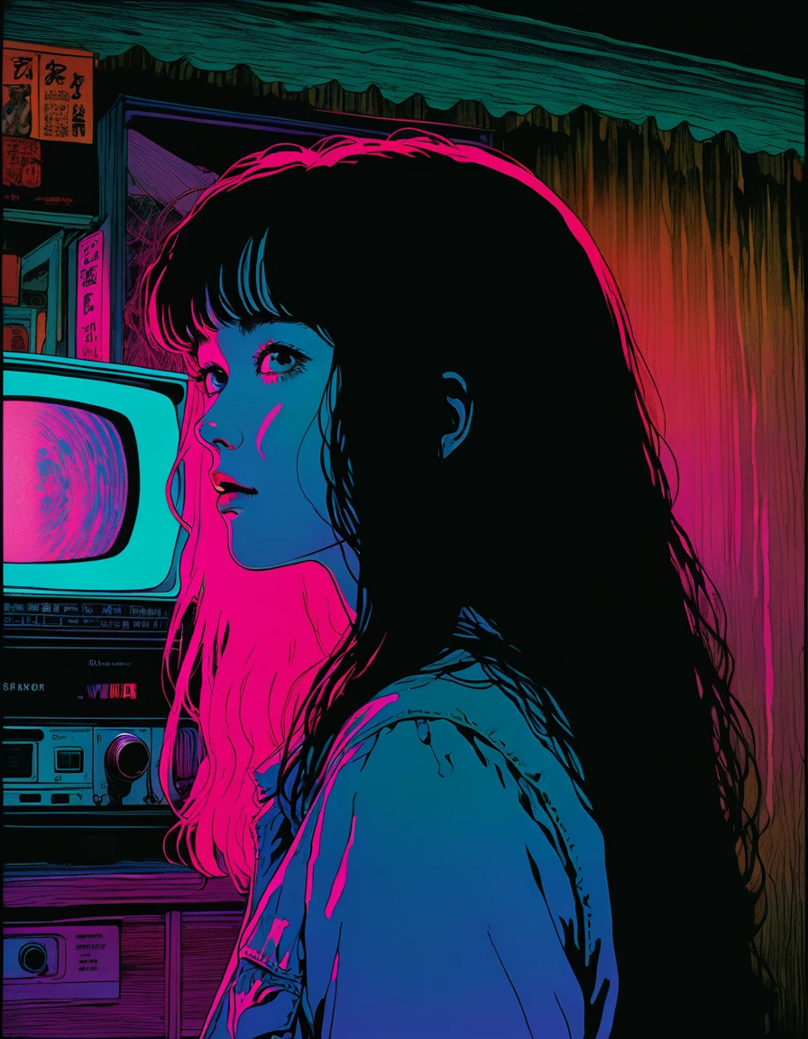 illust、art、from 80s horror movie, directed by Junji Ito、Magic、high detail, realsitic shadow、Analog style, vhs style, 8mm film, chromatic aberration, Dvd screengrab、Surrealism