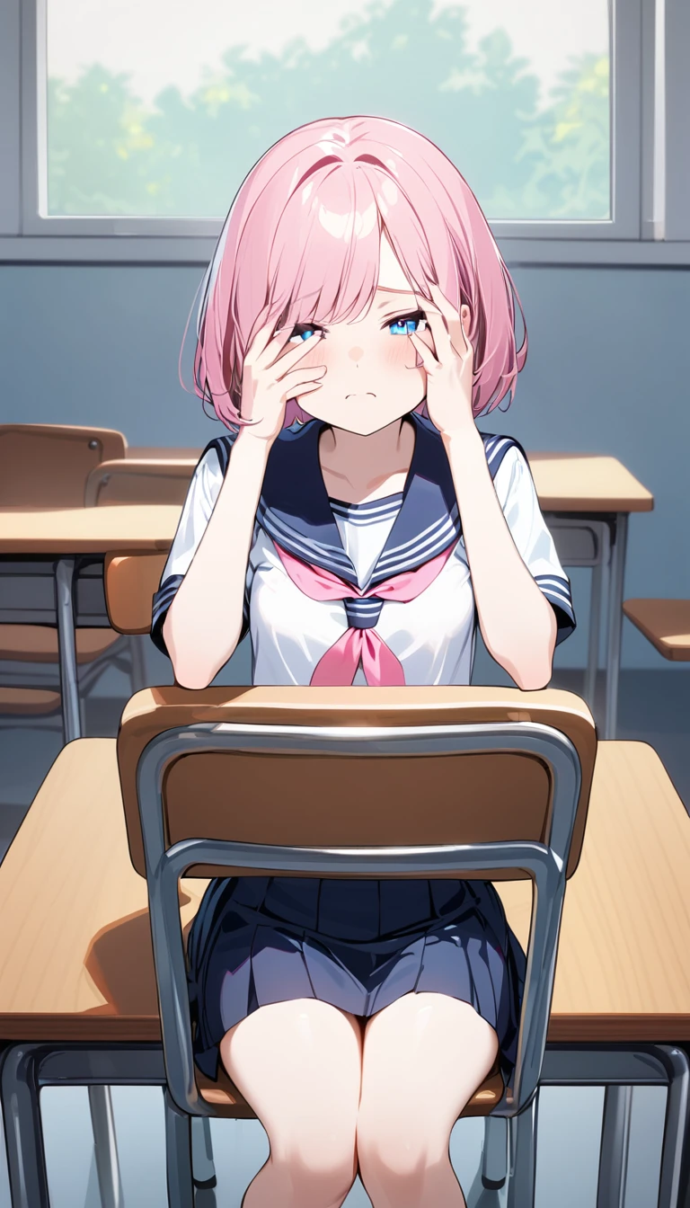 (1 girl:1.0),,(small brests:1.2),(skinny:1.2),high school student,beautiful girl,(short ponytails:1.2),akb48,nogizaka46, beautiful girl,school girl,sitting chair,(cowboyshot:1.0),fullbody, red ribbon, , bow, , full body, white shirt, short sleeves, pleated skirt, barefoot, serafuku,,front face,(front view:1.0),looking at viewer,(full-face blush:1.5),(smile:1.2),(presenting panties:1.5),(pink panties:1.2),(holding panties:1.5),(facial:1.8),(cum on face:1.8),(cum on panties:1.9),bukkake.classroom,chair,desk,blackbord,anime,