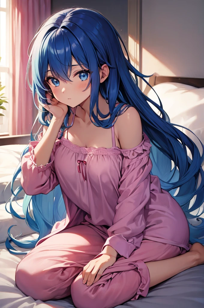 (masterpiece:1.3), (best quality:1.1), (8k, ultra detailed, ultra high res:1.2), (anime style:1.2), perfect 5 fingers, perfect anatomy, 
1girl,
BREAK long hair, blue hair, blue eyes, 
[medium breasts], 
BREAK Satin Nightgown, pink pajamas, 
sleepy, 
upper body, 
indoors, inside, on a bed, wariza, midnight, 