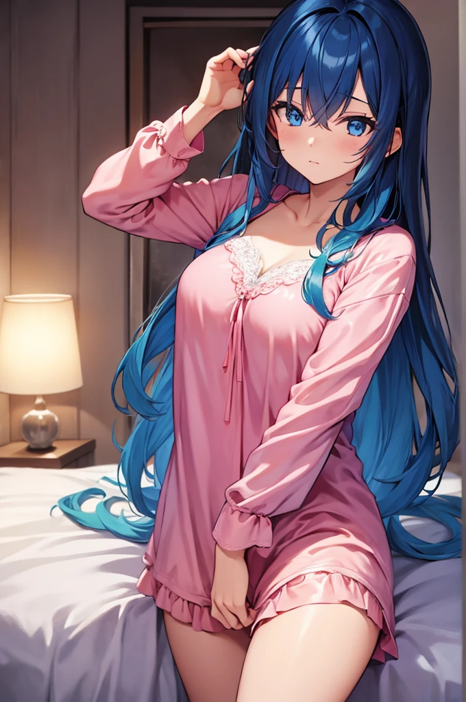 (masterpiece:1.3), (best quality:1.1), (8k, ultra detailed, ultra high res:1.2), (anime style:1.2), perfect 5 fingers, perfect anatomy, 
1girl,
BREAK long hair, blue hair, blue eyes, 
[medium breasts], 
BREAK Satin Nightgown, pink pajamas, 
sleepy, 
upper body, 
indoors, inside, on a bed, wariza, midnight, 