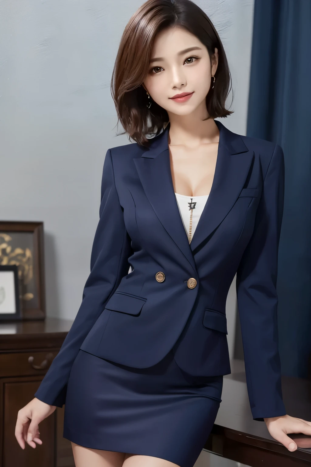 masterpiece、Highest quality、High resolution、Realistic、Beautiful Skin、Slim style、Medium chest、short hair、Full Body Shot、Ultra dark navy、 Double-breasted short blazer、Tight Skirt、Realistic fabric texture, (Detailed clothing features)、