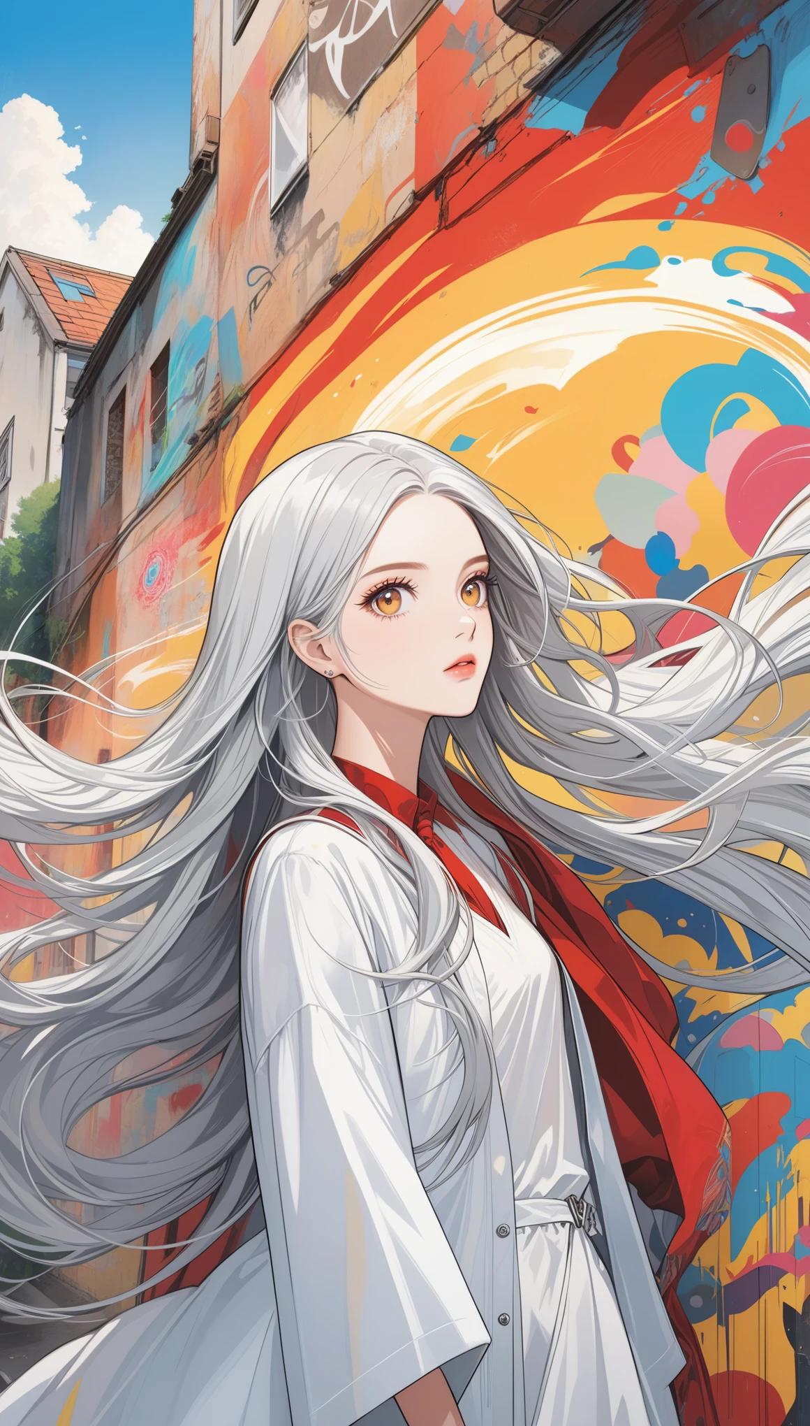 (best quality:1),(masterpiece:1),(ultra detailed:1),1girl,(Julia Burch:1.4),1girl,(cover art, abstract, surrealism, comic, excessively long hair:1.3),(silver and yellow multicolored hair, red eyes:1.2),(graffiti, street:1.1),