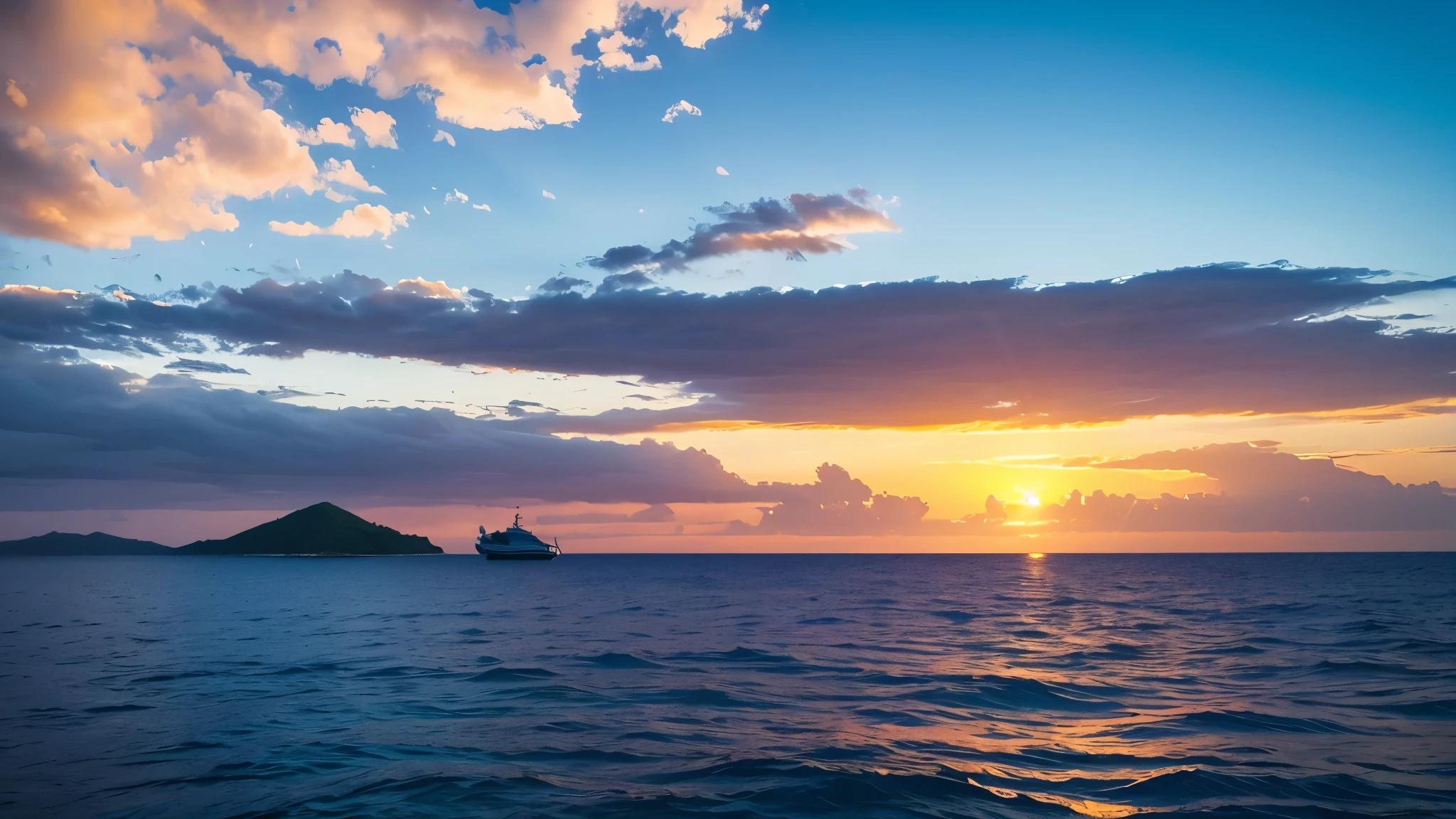 Southern Island、Ocean、Hot Sun、Blue sky、horizon、Light of the sun、Boat、