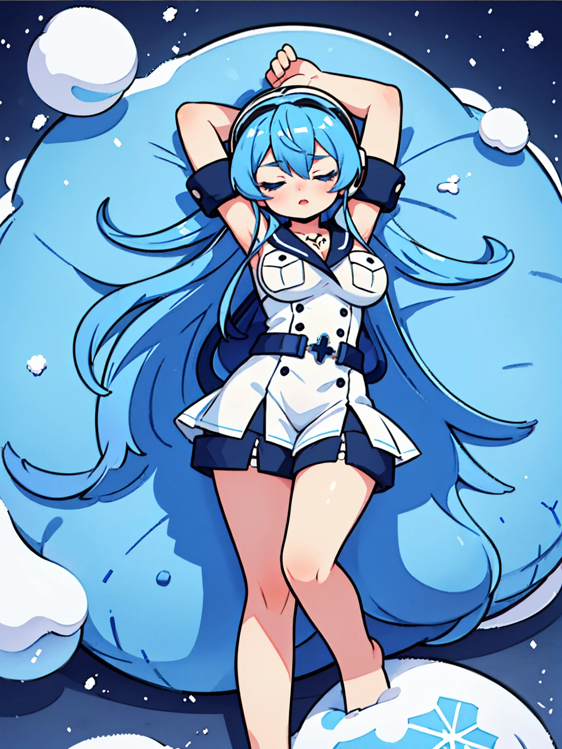 (artwork, best quality) a girl with long blue hair, closed eyes, blue eyelashes, white sailor suit, big breasts, perfect body, beautiful eyes, good waist, tattoo, screaming with joy, arms and legs open, listening to music with a headset, lying in the snow