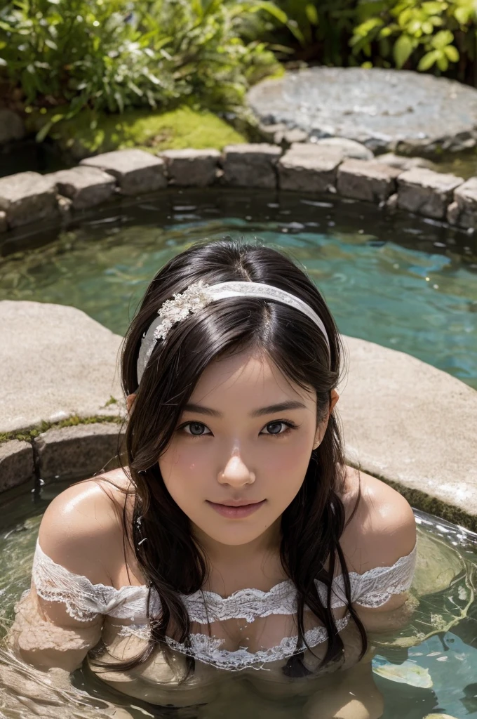 Highest quality, masterpiece, Ultra-high resolution, Supermodels bathing in Japanese hot springs, Outdoor hot spring, Stone hot spring, Moss and tree々Surrounded by, Super beautiful face, Pure Body, I can see my pores, (smile:0.8), Wearing split (Lace Headband:1.2), (realism:1.5), Original photo, Soaking wet, Sweaty, Bare shoulders, In the Dark, Deep Shadow, Low Key, Cold Light