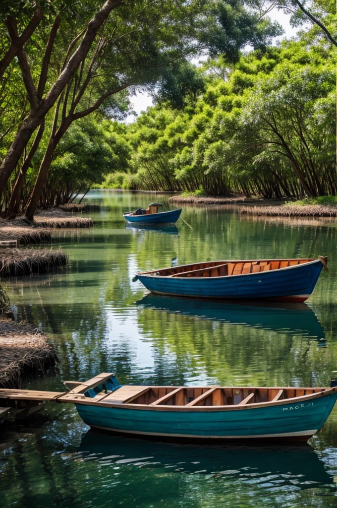 Create a blue boat with mangroves and a beautiful green sea ocean and fish around