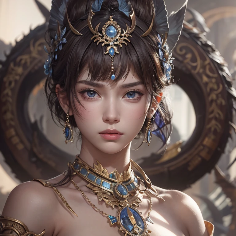Woman in ancient battle attire、Serious expression、Short-haired、Deadly position, Gorgeous Necklace, scale skin:1.5, Enchanting anime girl, Beautiful and seductive woman, Realistic and perfect body, Perfect body with realistic shadows, Woman with reptilian eyes:1.5、8K