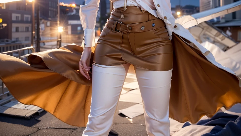 ((midynight, Need, 8K, tmasterpiece:1.3)), full bodyesbian, Long legs, Focalors:1.2, Petite short girl,Skinny:1.4, Slim abs:1.1, ((Medium long straight hair,Dark brown hair, mediuml breasts:1.2 )), (White loose button shirt,Low-rise washed blue flared trousers,detailed outfits:1.2), (standing on your feet:1.2), ((city night scene, the roof:1.3)), Highly detailed facial and skin texture, A detailed eye, double eyelid,Beautiful facial features,A smile on his face,shapely legs,Extended mop flared pants,Wear sandals,Reveals tender white toes,taken from behind,fully body photo