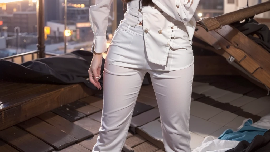 ((midynight, Need, 8K, tmasterpiece:1.3)), full bodyesbian, Long legs, Focalors:1.2, Petite short girl，Skinny:1.4, Slim abs:1.1, ((Medium long straight hair，Dark brown hair, mediuml breasts:1.2 )), (White loose button shirt，Low-rise washed blue flared trousers,detailed outfits:1.2）， （standing on your feet:1.2), ((city night scene, the roof:1.3)), Highly detailed facial and skin texture, A detailed eye, double eyelid，Beautiful facial features，A smile on his face，shapely legs，Extended mop flared pants，Wear sandals，Reveals tender white toes，taken from behind，fully body photo
