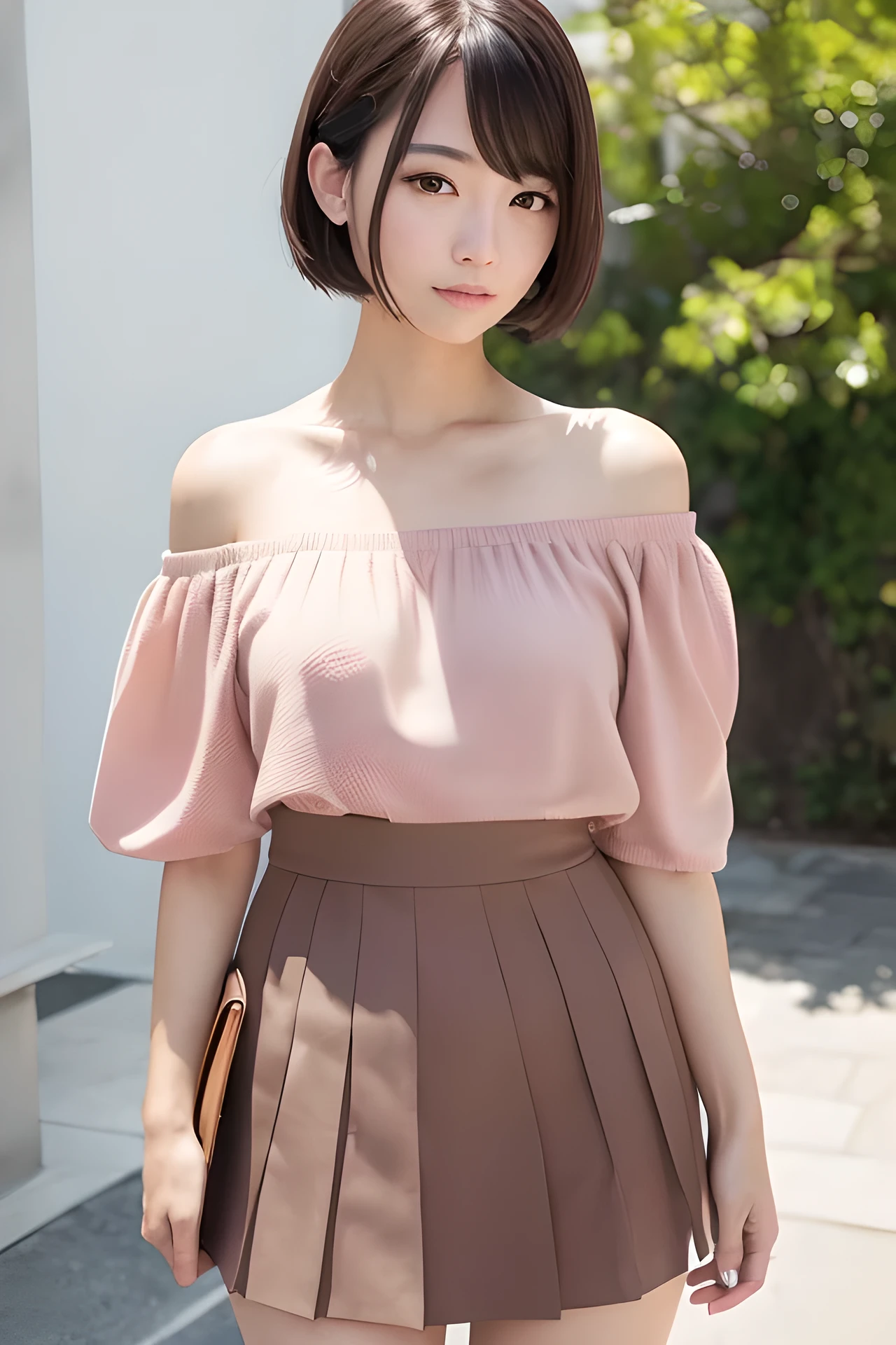 (masterpiece:1.3), (8K, Photorealistic, Raw photo, Best image quality: 1.4), solo, Japanese high school girl, (full body:1.2), front、(Random Hairstyles:1.2)、Super detailed face、Attention to detail、double eyelid、Sharp focus:1.2、Beautiful woman:1.4、Light brown hair、Highest quality、masterpiece、Ultra-high resolution、(Photorealistic:1.4)、Highly detailed and professionally lit smile、(Random Colored Off-shoulder top), Pleated skirt、thin、Serious expression、Short-haired, Art Museum