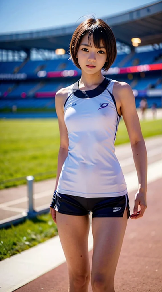 highest quality, masterpiece, ultra high resolution, (realistic:1.4), RAW photo, 
1 girl, 17years old, Japanese track and field athlete, Rear view, on the track of an athletics stadium, ((upward waist, very cute face, black short hair)), ((Uniform with upper and lower parts))、short torso, Beautifully detailed body, Beautiful detailed legs、
夏の短いセーラー服、バスト95センチ、