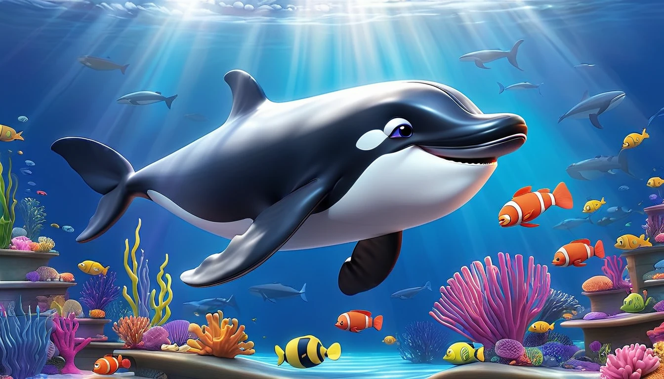 Create a 3-D Pixar style art scene for kids featuring a baby whale swimming alongside its mother. The scene should be colorful and vibrant, with an ocean background, coral reefs, and schools of fish. The overall mood should be engaging and inviting for young children.