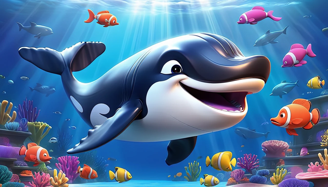 Create a 3-D Pixar style art scene for kids featuring a baby whale swimming alongside its mother. The scene should be colorful and vibrant, with an ocean background, coral reefs, and schools of fish. The overall mood should be engaging and inviting for young children.