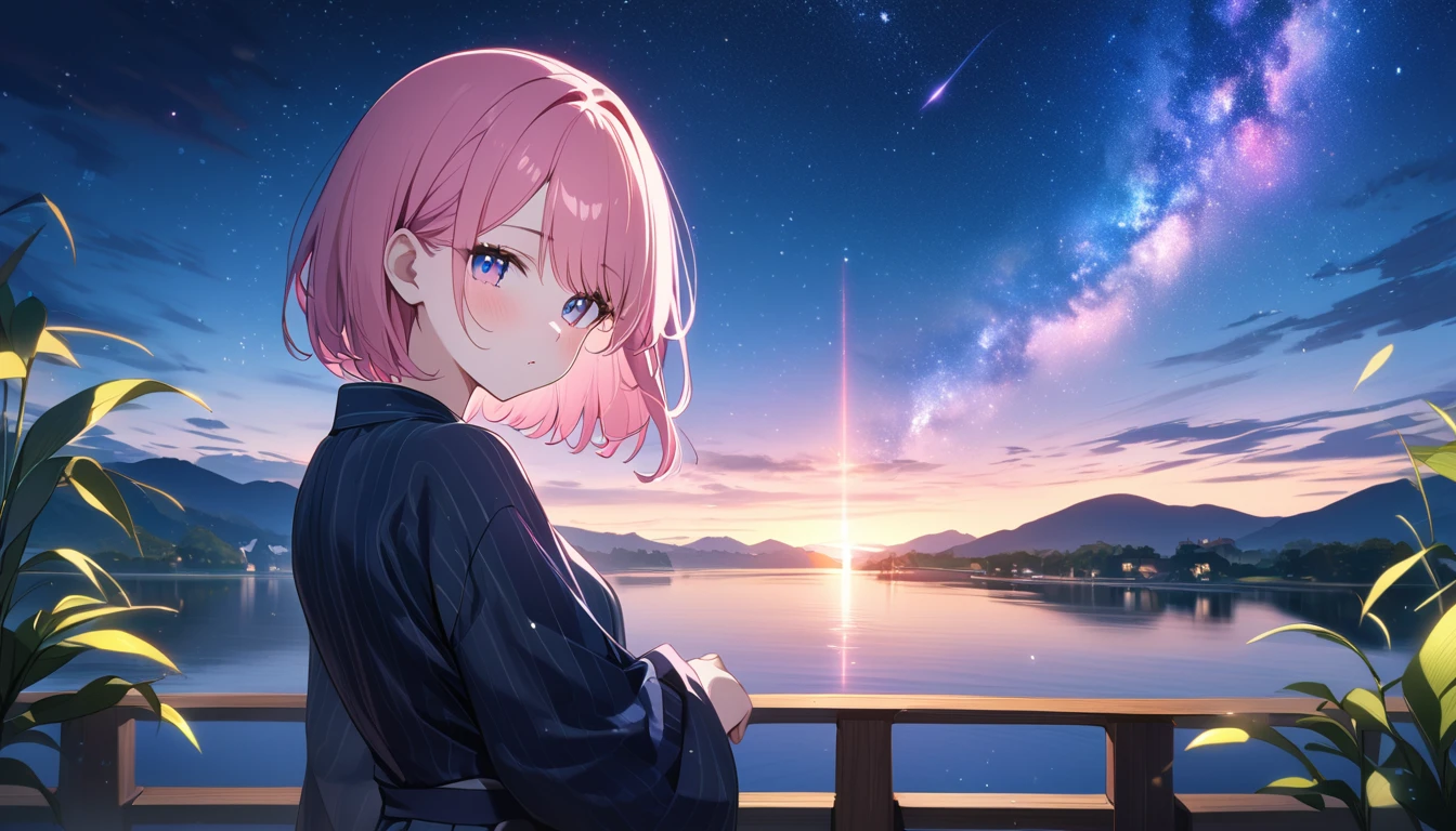 (1 girl), (Best Picture Quality, 8K, Masterpiece:1.3), (high school student:1.5), ((pink lob hair:1.1)), (bob cut), (swept bangs), (cute eyes, pupil black, iris skyblue, youthful face), (mole under right eye), (standard weight), (small breasts), (glistening skin:1.1), (pale skin:1.2), ((yukata decorated with stars and galaxies)), ((magical glow of light enveloping the yukata)), (standing by a riverbank under a starlit sky with the Milky Way visible), (bamboo trees with colorful tanzaku swaying in the breeze), (Fluorescent:1.3), (picturesque landscape with rolling hills, quaint village, and floating islands in the sky), (ethereal mist and shimmering lights), ((magnificent view)),(Sparkling magic effect:1.5)